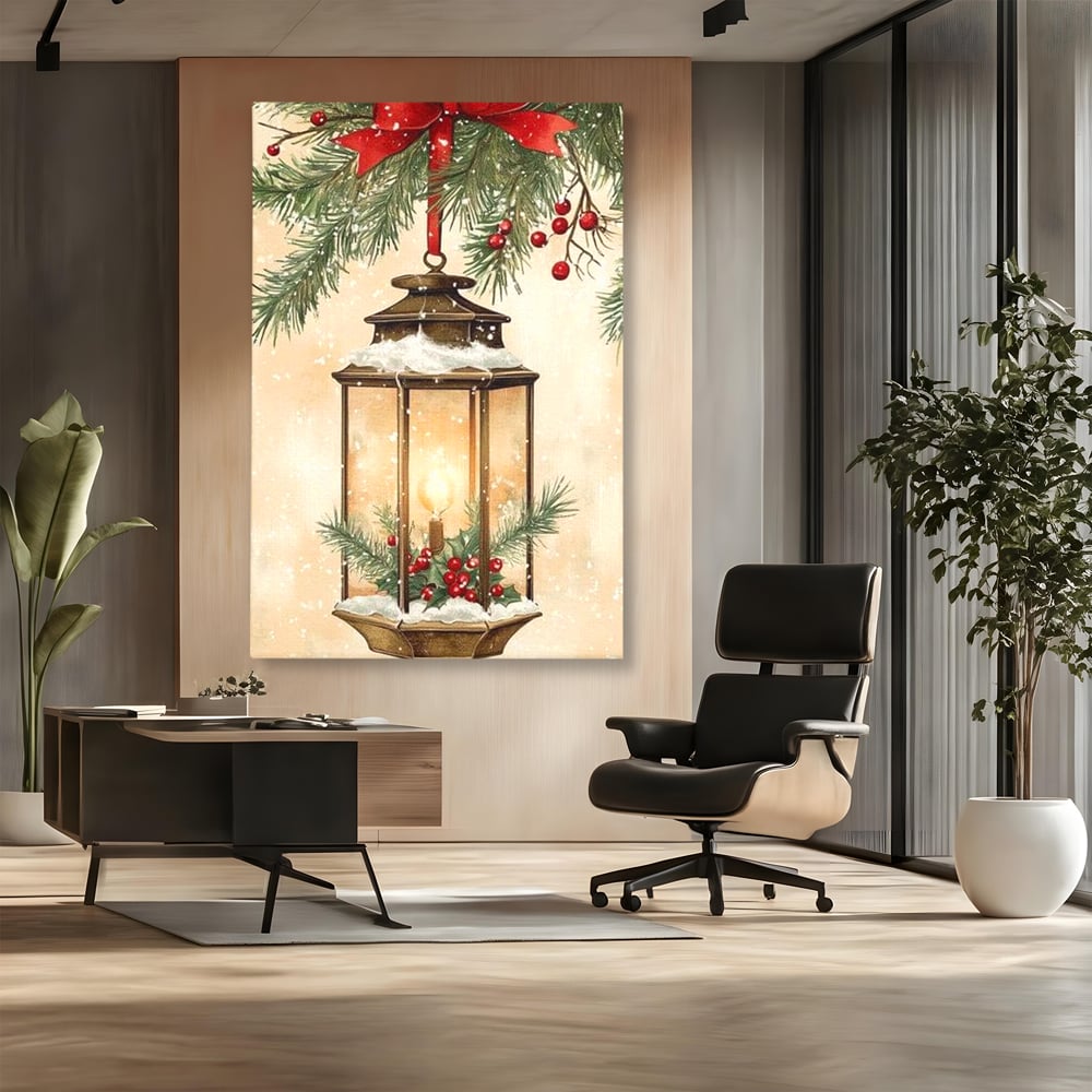 Tablou canvas cu tablou canvas cu felinar de iarna, fara rama, pe sasiu de lemn, pe perete intr-un birou
